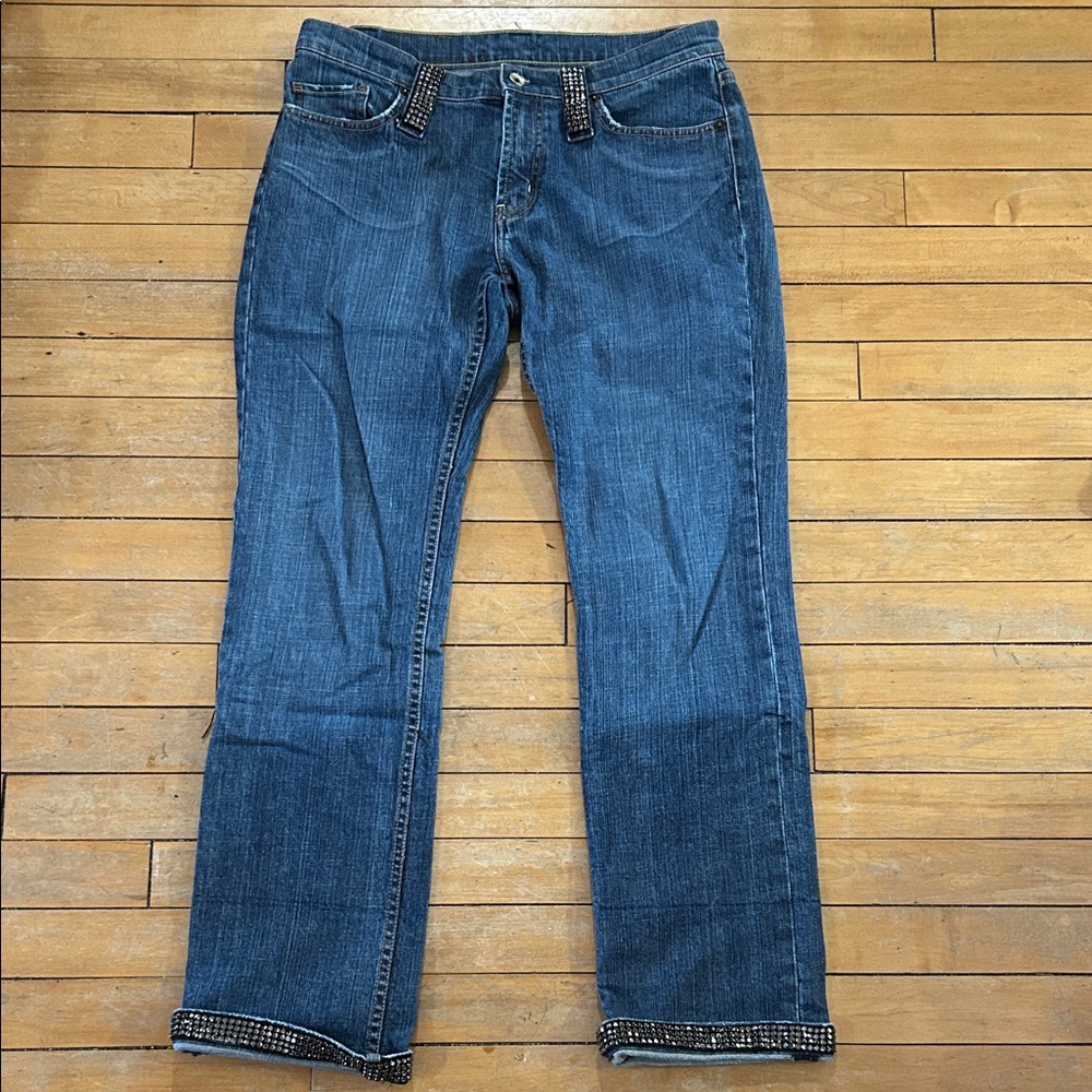 EUC X2 Classic Blue Straight Jeans with rhinestone cuffs and belt loops